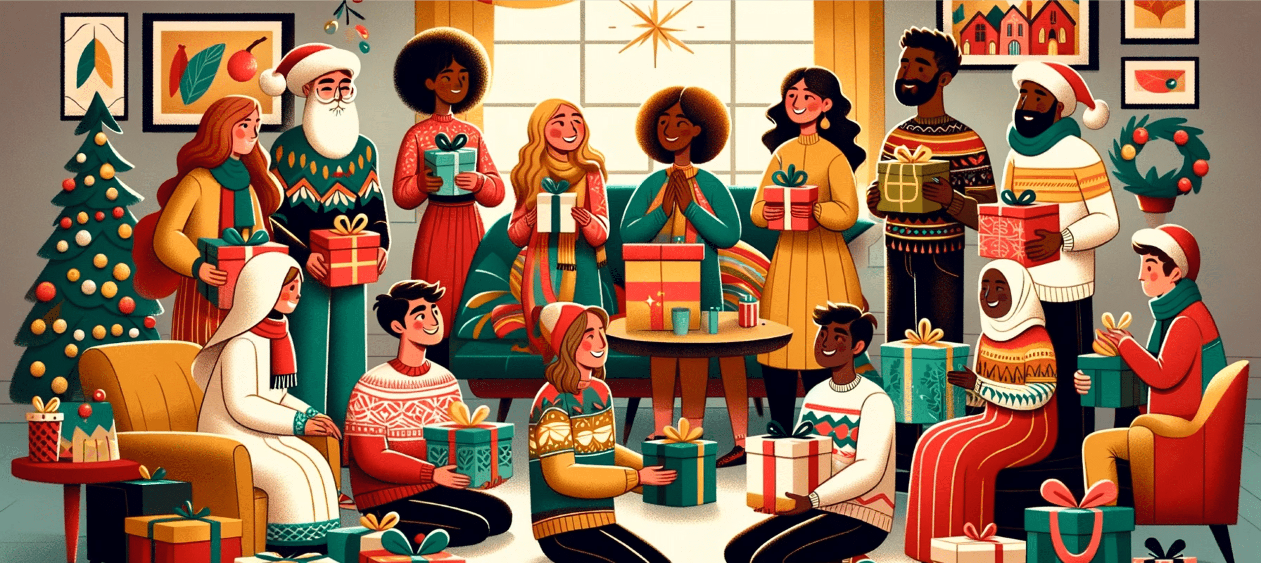 Diverse Christmas celebration illustrated with a vibrant and cheerful group of individuals from various ethnicities. They are exchanging gifts and wearing festive attire, surrounded by traditional holiday decorations, including a richly decorated Christmas tree, wreaths, and seasonal wall art. This inclusive holiday gathering image captures the essence of the Christmas spirit, perfect for festive content and diverse representation during the holiday season